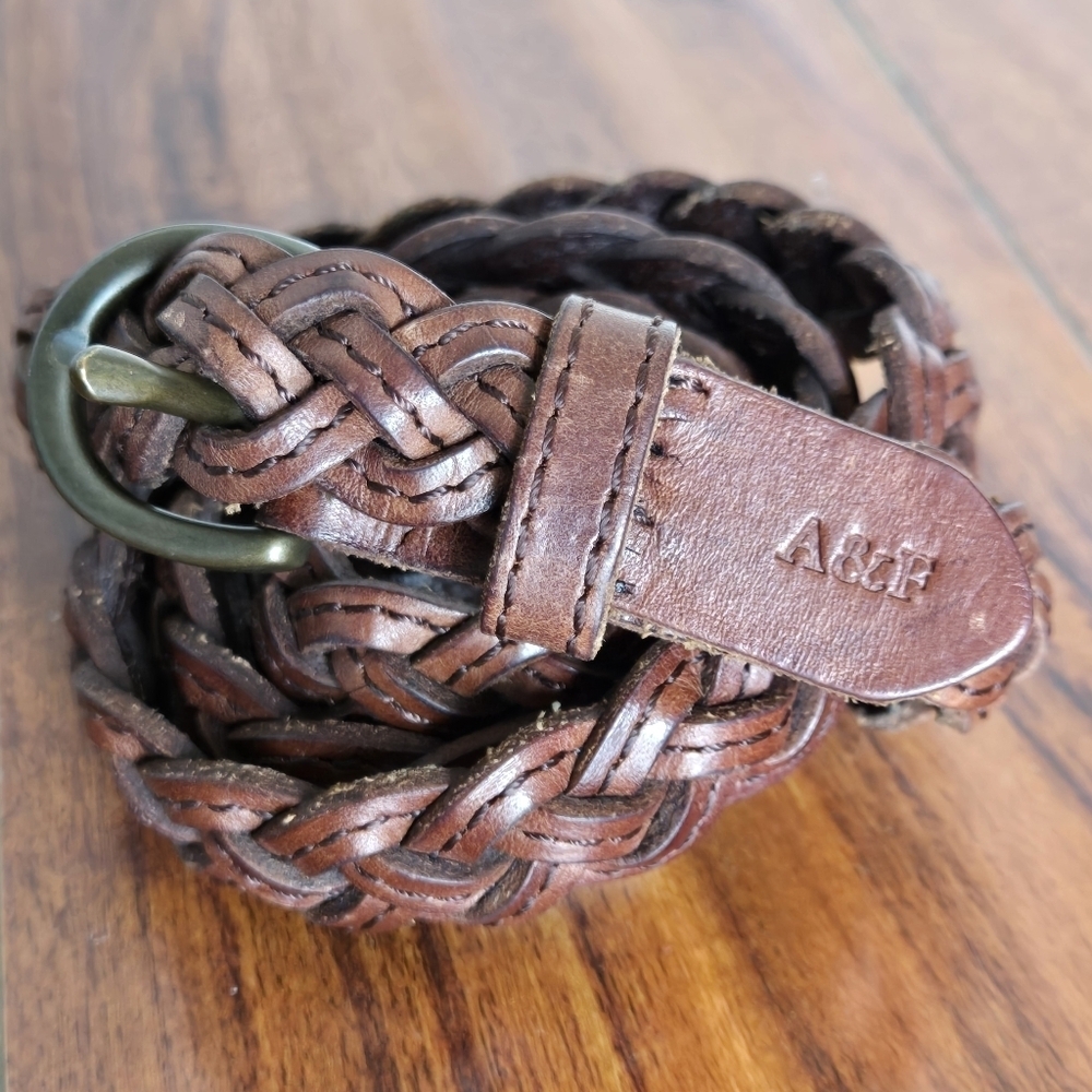 Abercrombie & Fitch Brown Western 100% Leather Braided Belt with Brass Buckle
